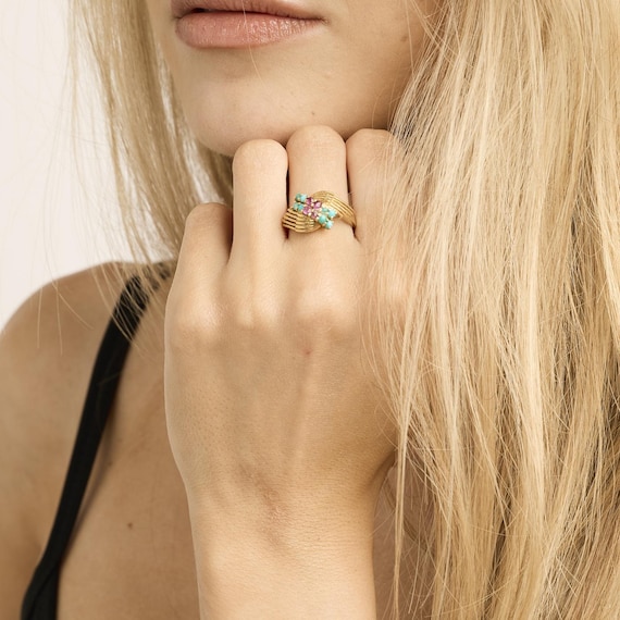 Ring with ruby and turquoise in 18K Gold size 5 |… - image 1