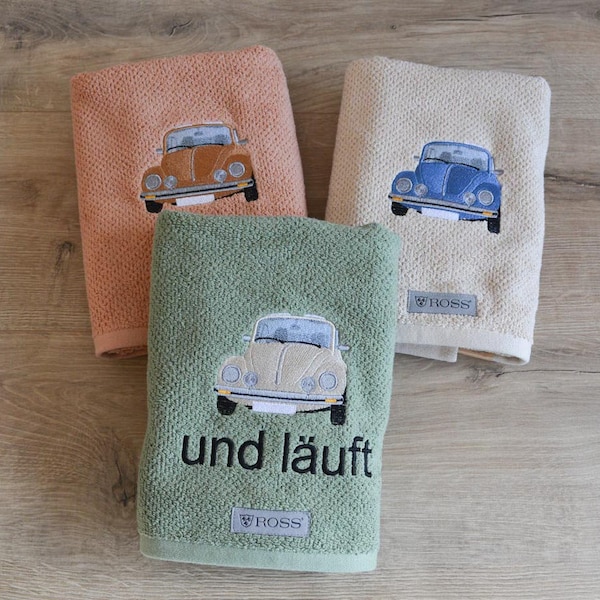 Duschtuch mit VW-Käfer in Wunschfarbe bestickt | personalisierbar
