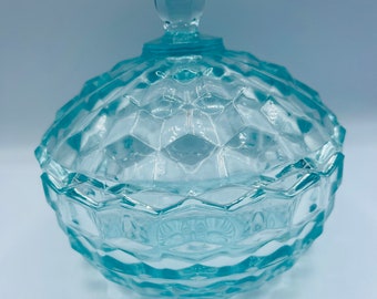 Vintage Aquamarine/Turquoise Indiana Glass cube pattern candy dish