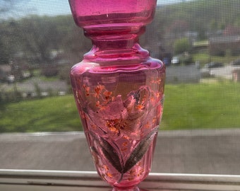 Vintage, Bohemian, Cranberry Glass Vase with Coralene Enameled Flowers