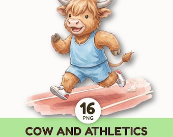 Watercolor Highland Cow Sports Clipart | Track and Field Animal Graphics | Running Long Jump Relay Illustrations | Commercial Use