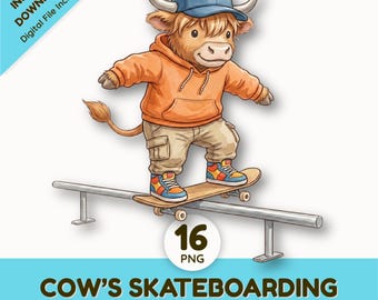 Watercolor Skater Highland Cow Clipart | Cute Skateboarding Bull PNG | Urban Animal Graphic | Skateboarder Cow Sublimation Design