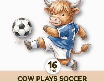 Cute Soccer Highland Cow Clipart | Watercolor Football Baby Animals PNG | Sports Sublimation Graphics | Boys Room Decor