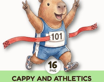 Track and Field Animal Clipart | Cute Capybara Sports Graphics | Watercolor Running Animals for School PE Projects