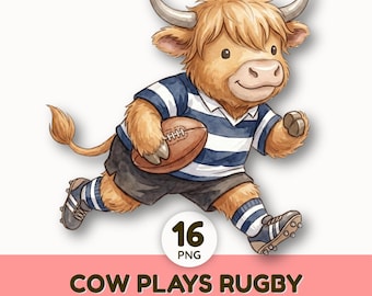 Cute Watercolor Rugby Clipart Set | Highland Cow & Animals Sports PNG | Boys Nursery Decor | Scrapbooking Graphics | Sublimation