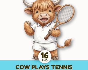Watercolor Tennis Clipart | Cute Highland Cow Rabbit Sport Clip Art | Digital Graphics Planner Stickers Sublimation Designs | Commercial Use
