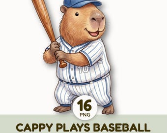 Cute Baseball Animal Clipart | Watercolor Capybara & Friends Sports Graphics | Kids Nursery Wall Art | PNG Illustration Set