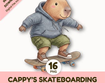 Cute Capybara Skateboard Clipart Set | Skater Animal PNG Graphics for Stickers and Sublimation | Watercolor Skate Art Digital Download