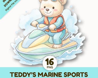 Watercolor Teddy Bear Clipart | Marine Sports Summer Beach Ocean Animals | Surfing Scuba Diving Bear PNG | Cute Summer Graphics