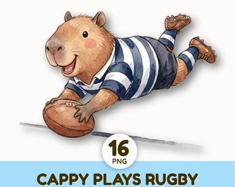 Watercolor Capybara Rugby Clipart | Cute Animal Sports Graphics | Rugby Ball & Cleats PNG | Team Mascot Sublimation Design