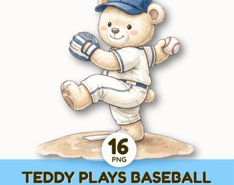 Watercolor Baseball Clipart | Cute Animal Sports PNG | Teddy Bear Playing Baseball | Kids Sports Graphics | Nursery Art | Baseball Equipment