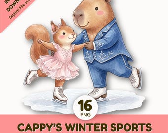 Cute Winter Sports Animal Clip Art Bundle | Capybara Figure Skating Snowboarding Hockey Ice Skates | Watercolor Graphics | Commercial Use