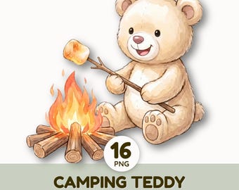 Cute Camping Bear Clipart | Watercolor Woodland Animal Clipart | Summer Camp Tent PNG | Commercial Use | Nursery Decor