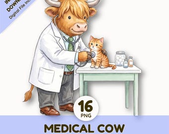 Watercolor Medical Clipart | Cute Nurse Highland Cow Clinic Graphics | Hospital Supplies PNG for Planner Stickers | Commercial Use