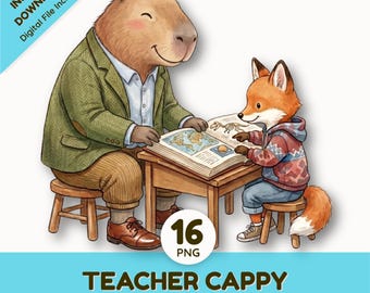 Cute Watercolor Capybara Teacher Clipart Set | Back to School Animals | Educational Graphics | Fox and Raccoon Students PNG