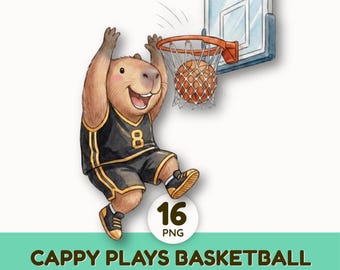 Watercolor Capybara Basketball Clipart | Cute Animal Sports Graphics | Sublimation PNG | Kids Team Design Elements | Commercial Use