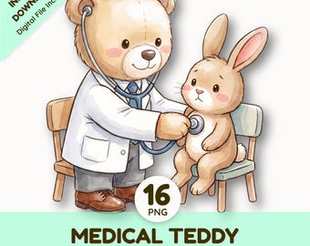 Watercolor Medical Teddy Bear Clipart | Cute Animal Doctor Graphics | Nurse Bear PNG Set | Get Well Soon Sublimation | Pediatric Clip Art