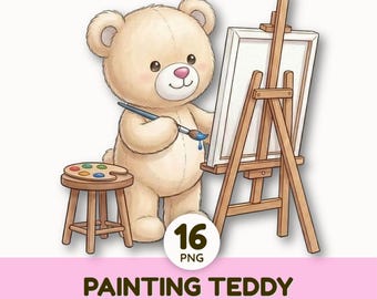 Watercolor Teddy Bear Artist Clipart | Little Bears Painting & Art Supplies | Cute Animal Digital Download for Nursery Crafts