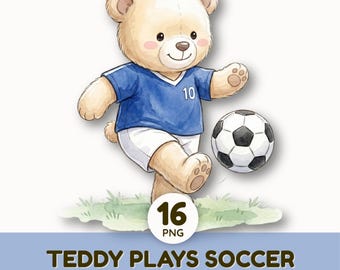 Cute Teddy Bear Playing Soccer Clipart | Pastel Watercolor Animal Sports Graphics PNG | Sublimation Design For Baby Boy Nursery Decor