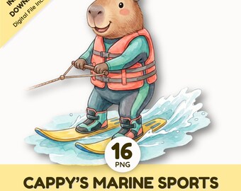 Watercolor Capybara Water Sports Clip Art Set | Cute Illustrations of Surfing SUP Scuba Kayaking & more  | Summer Digital Download Prints
