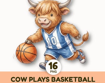 Watercolor Basketball Animal Clipart | Cute Highland Cow Sports Graphics | Kids Sublimation PNG | Digital Download Art