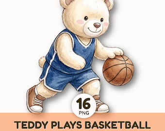Cute Watercolor Basketball Teddy Bear Clipart | Sports Animal PNG Graphics | Kids Team Sublimation Design | Boys Nursery Decor