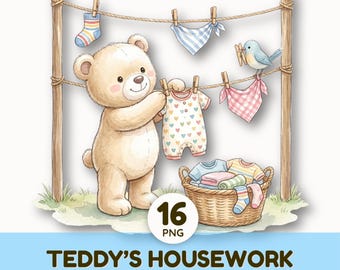 Cute Teddy Bear Clipart Bundle | Watercolor Bear Housework and Cleaning PNG | Household Bear Illustrations for Planner Stickers Scrapbooking