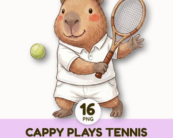 Watercolor Capybara Tennis Clipart Set | Cute Animal Sports Graphics | Vintage Wooden Racket, Umpire Chair, Country Club PNG Elements