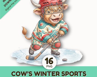 Winter Sports Highland Cow Clipart | Cute Animal Snow Activities PNG | Watercolor Winter Graphics Set | Commercial Use