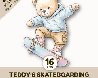 Cute Skateboarding Teddy Bear Clipart | Pastel Watercolor Animal Clip Art PNG | Skater Panda Penguin Digital Download | Sublimation Graphic
