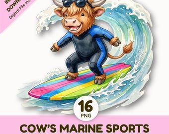 Watercolor Highland Cow Clipart | Summer Beach Animal Graphics | Surfing Scuba Diving Ocean Nautical Elements | Digital Download PNG