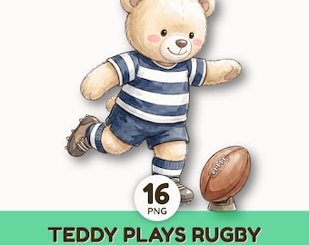Watercolor Teddy Bear Rugby Clipart Set | Cute Animal Sports PNG | Boys Nursery Decor | Sublimation Design | Digital Download