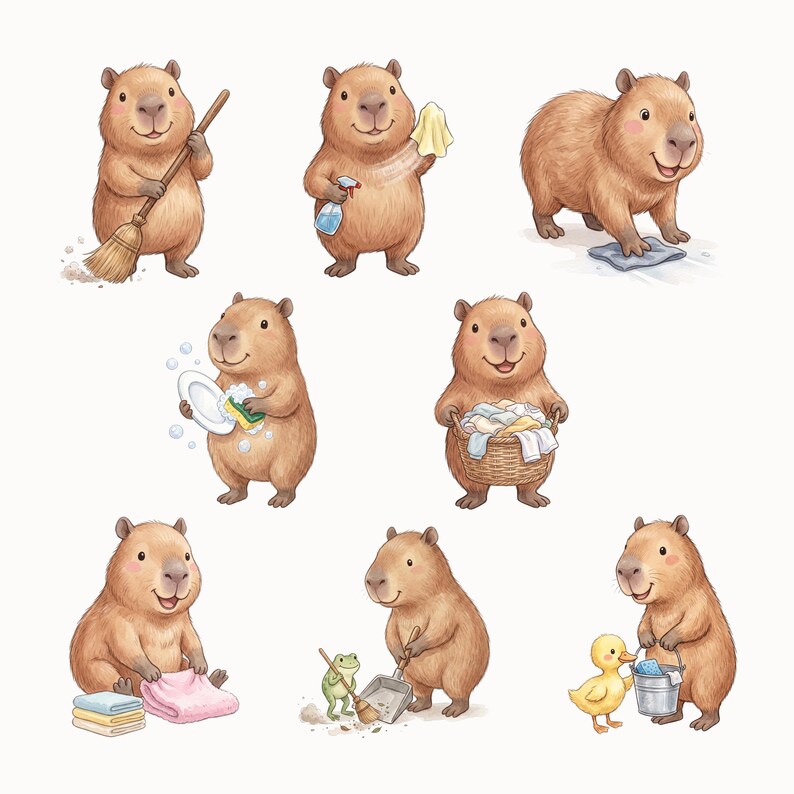 Cute Capybara Clipart Watercolor Animal Graphics | Cleaning & Laundry ...