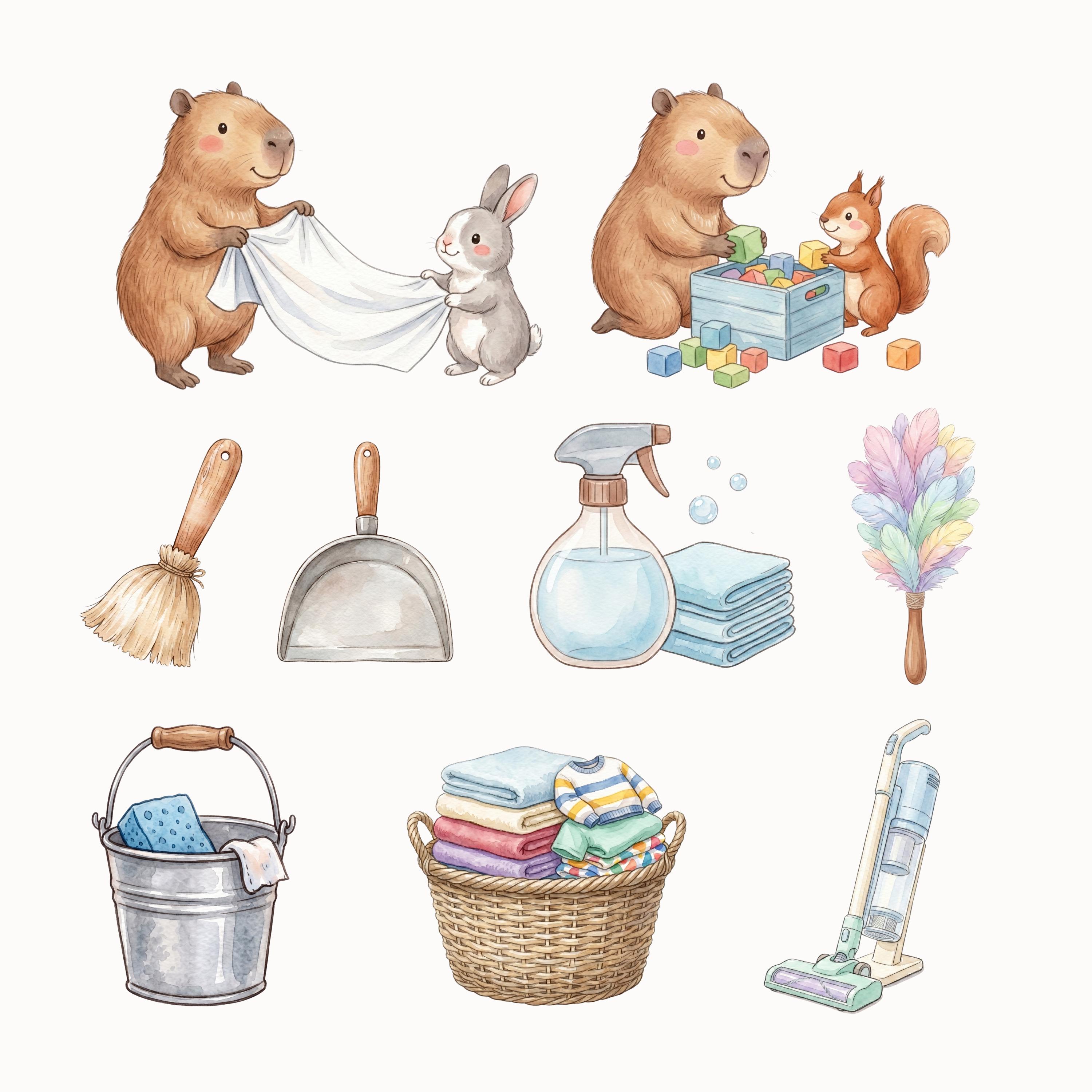 Cute Capybara Clipart Watercolor Animal Graphics | Cleaning & Laundry ...