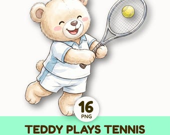 Cute Teddy Bear Tennis Clipart Set | Watercolor Sports Animal PNG | Tennis Match Graphics | Nursery Sublimation Design