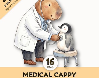 Cute Capybara Medical Clipart | Watercolor Doctor Nurse PNG | Animal Hospital Graphics | Pediatric Clinic Sublimation Design