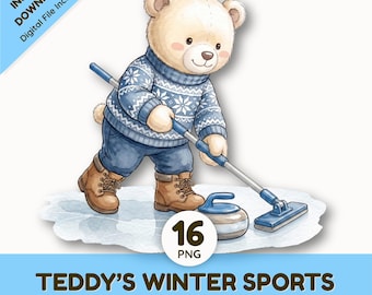 Watercolor Winter Sports Teddy Bear Clipart | Cute Animal Skiing Snowboarding Ice Skating PNG | Winter Craft & Nursery Graphics