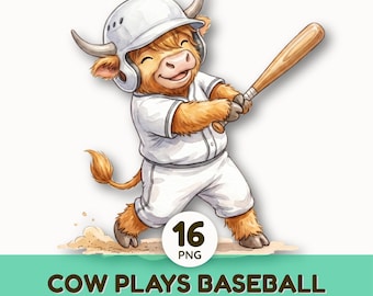 Watercolor Baseball Highland Cow Clipart | Cute Sports Animal PNG Bundle | Sublimation Designs | Kids Baseball Crafts