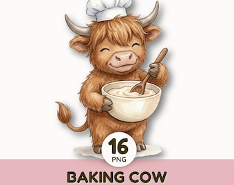 Watercolor Highland Cow Baking Clipart | Cute Baby Cow Baking PNG | Cooking Animal Chef | Kitchen Pastry Graphics Digital Download