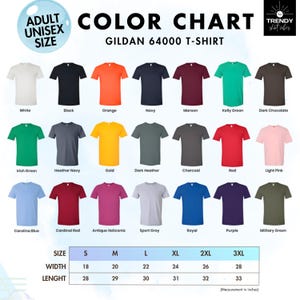 The image is a color chart for a Gildan 64000 T-shirt, showing various sizes and color options available.