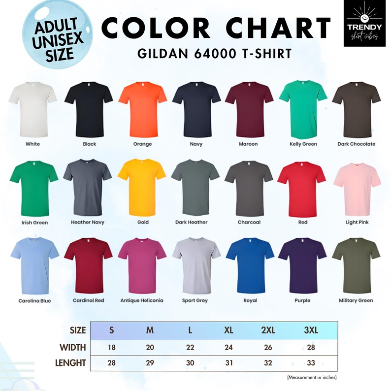 The image is a color chart for a Gildan 64000 T-shirt, showing various sizes and color options available.
