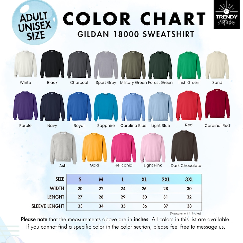 The image is a color chart for a GILAN 1800 sweatshirt in various sizes, including white, black, charcoal, sport grey, military green forest green, Irish green, sand, purple, navy, royal, sapphire, red, cardinals, and ash. The chart provides measurements for each color, such as size, width, length, sleeve length, and sleeve thickness, in inches.