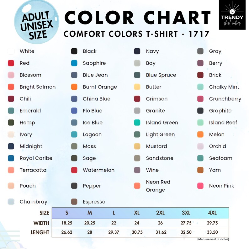 The image is a color chart for adult sizes, showing a variety of comfortable t-shirt colors in different sizes.
