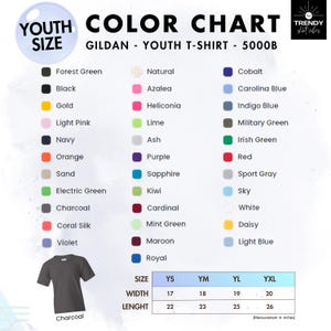 The image is a color chart for a youth t-shirt, displaying various color options and corresponding sizes.