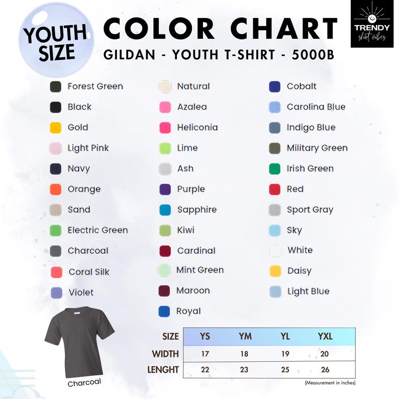 The image is a color chart for a youth t-shirt, displaying various color options and corresponding sizes.