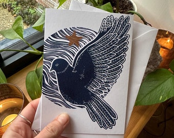 Lino print Christmas card, dove Lino cut blank card, Solstice card, winter card