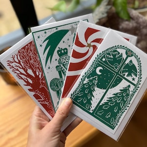 Juego de tarjetas navideñas con impresión en linóleo, tarjetas en blanco, tarjetas de solsticio, tarjetas de invierno