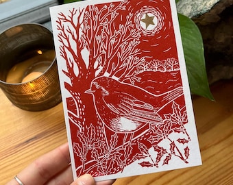Lino print Christmas card, blank card, Solstice card, winter card