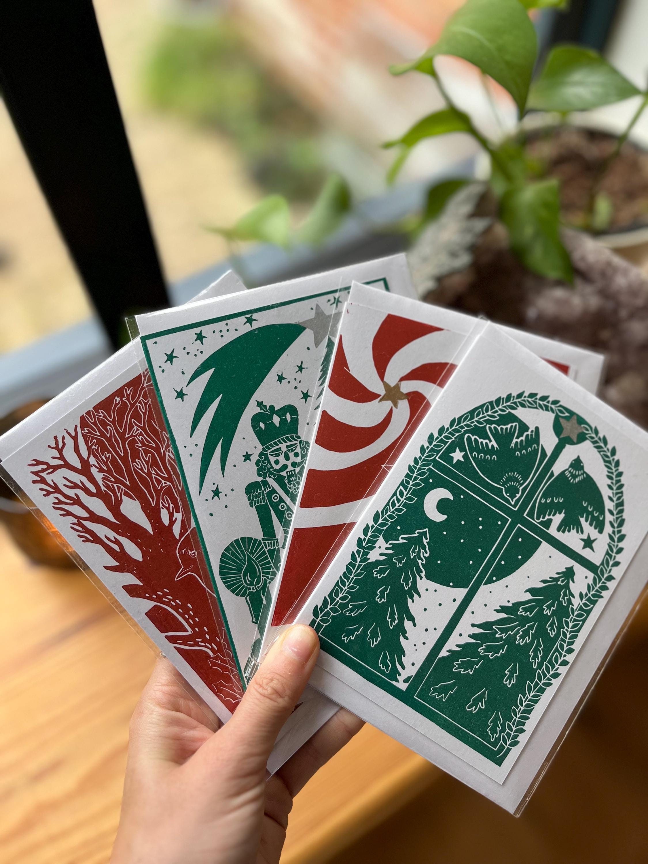 Set of Lino print Christmas cards, blank cards, Solstice cards, winter cards