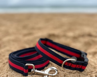 Navy Blue and Red Striped Dog Collar and Leash Set